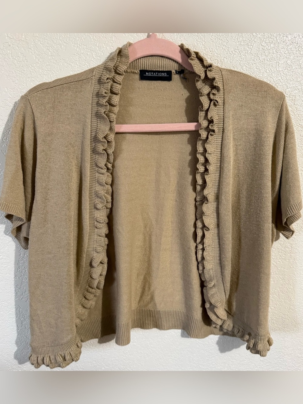 Notations Ruffle-Trim Short Cardigan in Beige